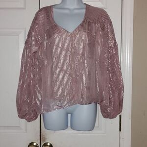 On Twelfth light mauve silver striped puff sleeve blouse  Sz S